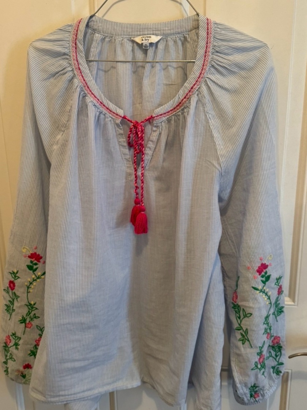 crown & ivy Light Blue Striped Tunic with Pink Tassels and Floral Embroidery